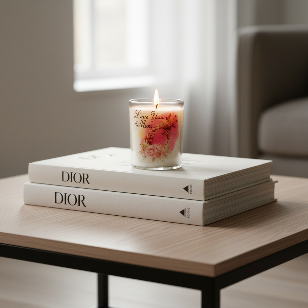 Candle with floral design on top of Dior books on a table