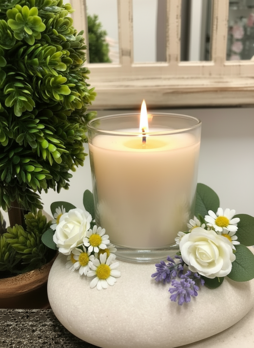 Candle labeled 'Just Divine' with flowers and greenery on a stone surface