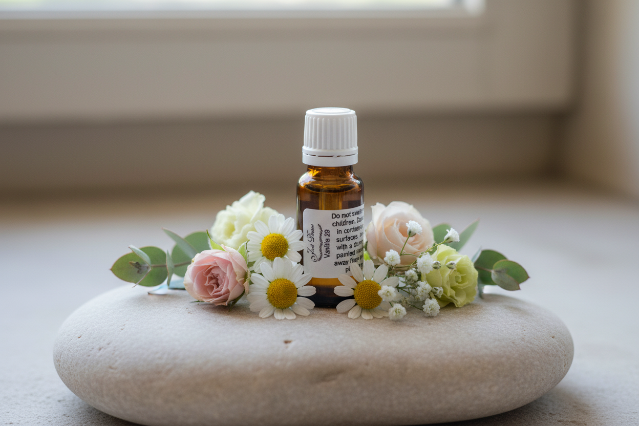 Small brown glass bottle with a white label on a white background