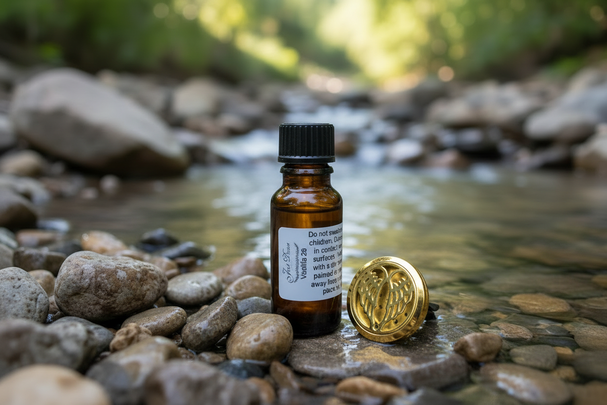 Small brown bottle with a label on a rock by a stream