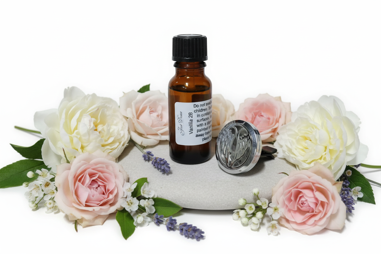 Brown glass bottle with black cap and metal diffuser on a white background