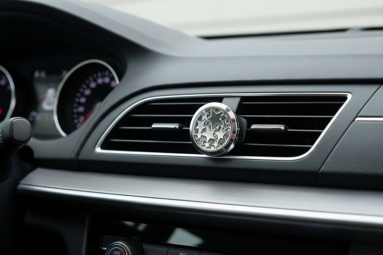 Amber glass bottle with black cap and metal component on a white background