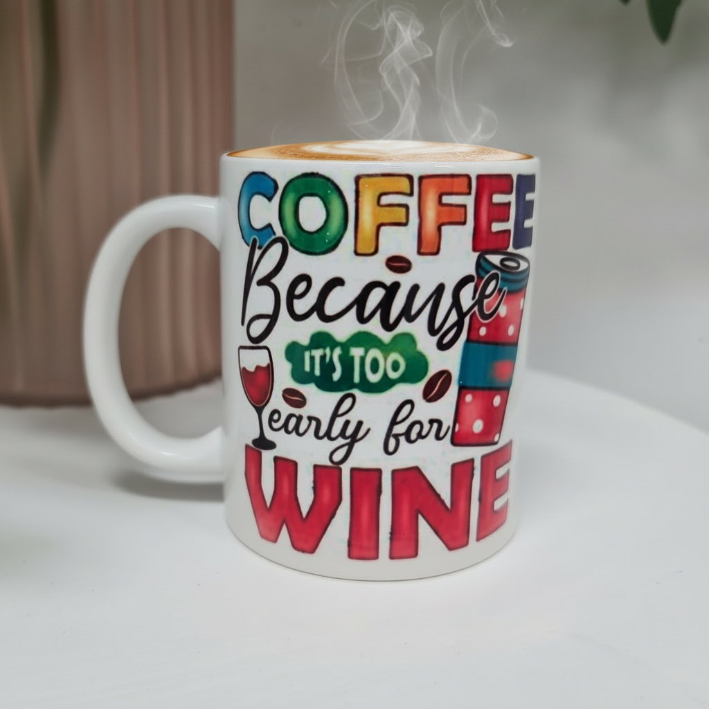 COFFEE BECAUSE ITS TOO EARLY FOR WINE COFFEE MUG