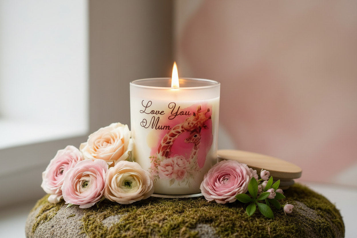 Candle with floral design on a stone surrounded by pink flowers