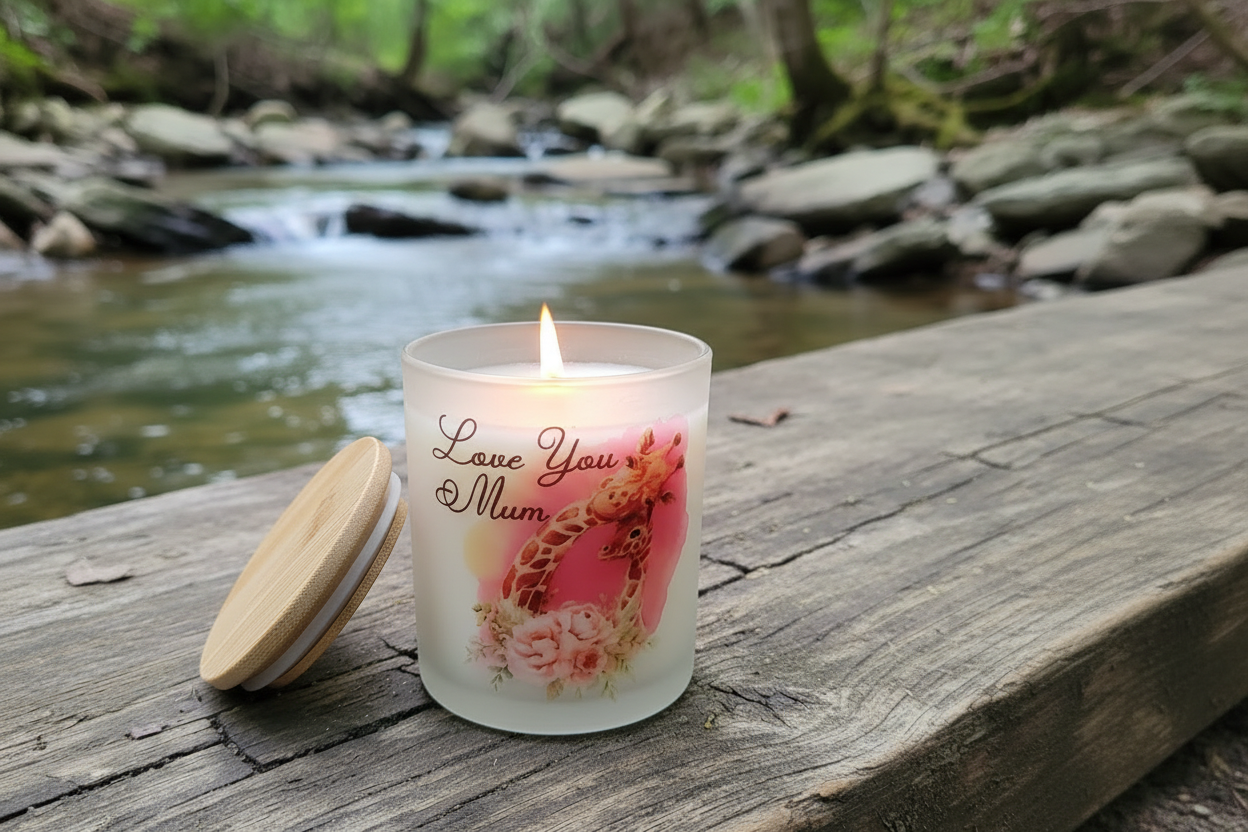 Candle with 'Love You Mum' message on a wooden surface near a stream