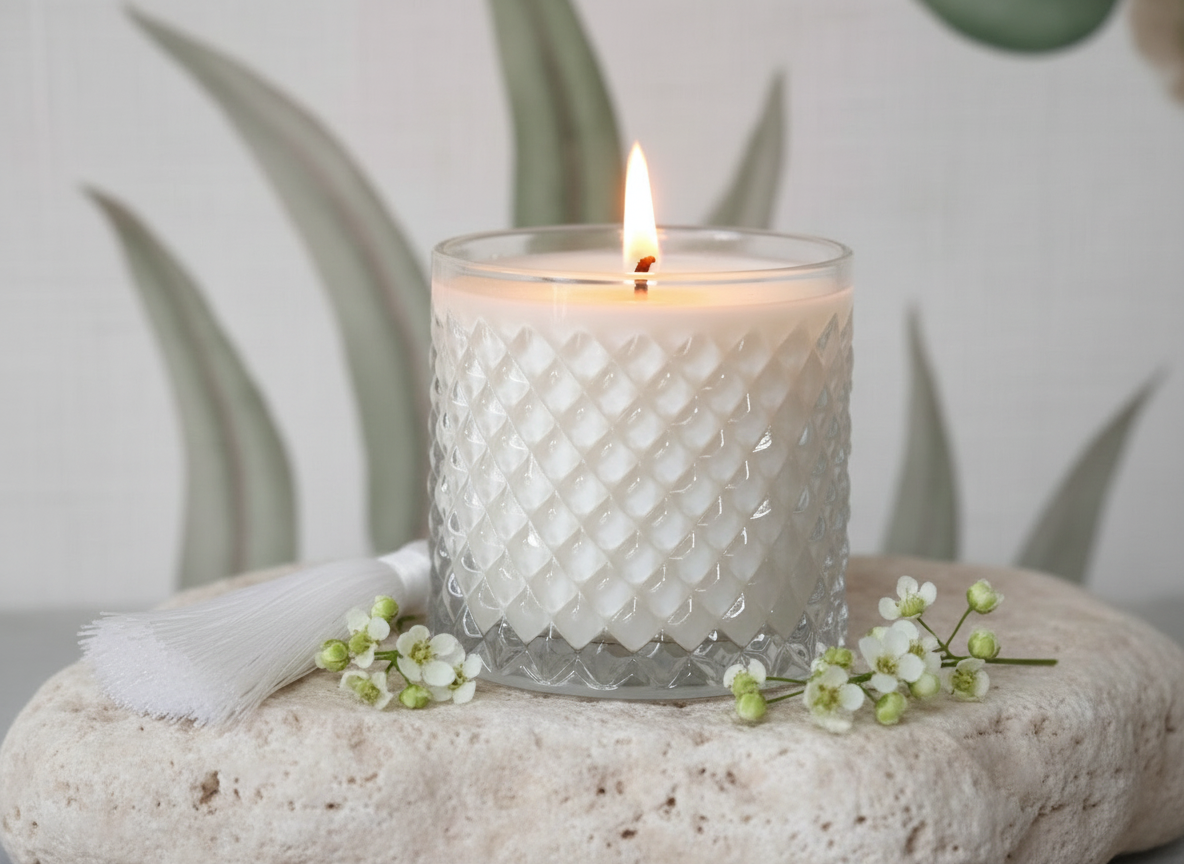A large white candle with a silver lid, adorned with a tassel, placed on a shelf with a green leafy pattern in the background.
