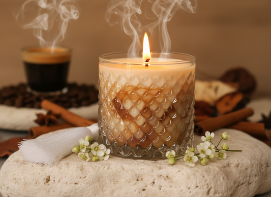 Candle with a glass holder on a stone surface, surrounded by coffee beans and cinnamon sticks.