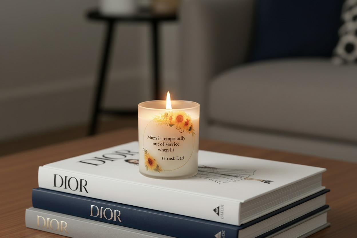 Candle with floral design on books titled 'Dior' on a wooden surface