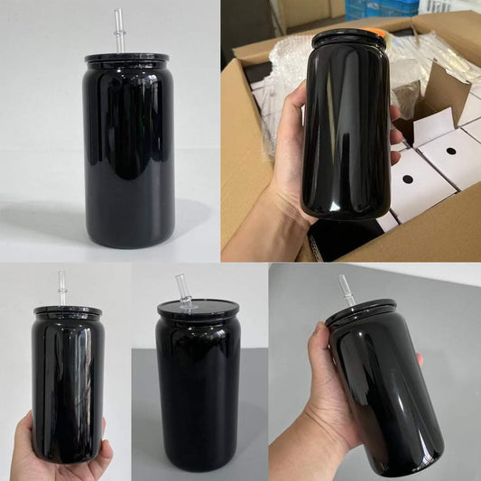 Black glass 16oz tumbler with black plastic lid