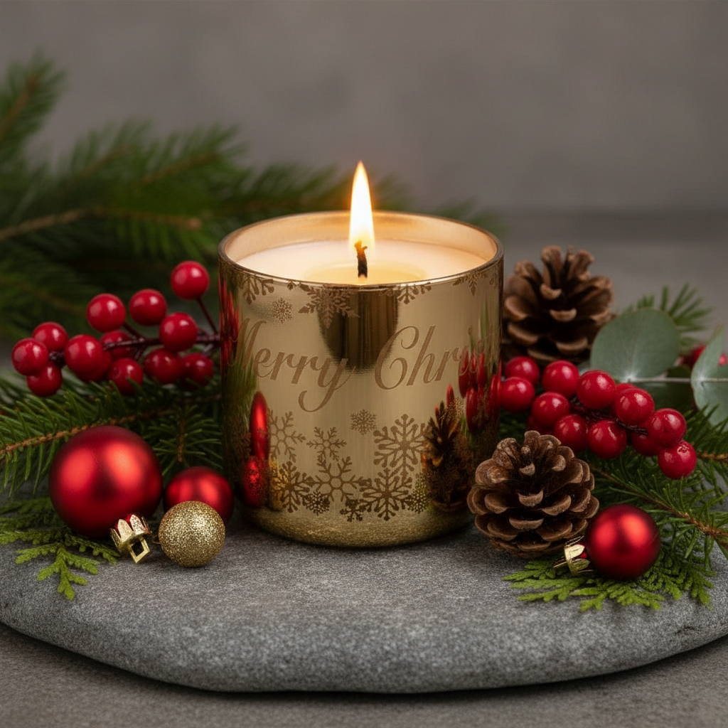 Gold candle with 'Merry Christmas' text and snowflake patterns on a white background
