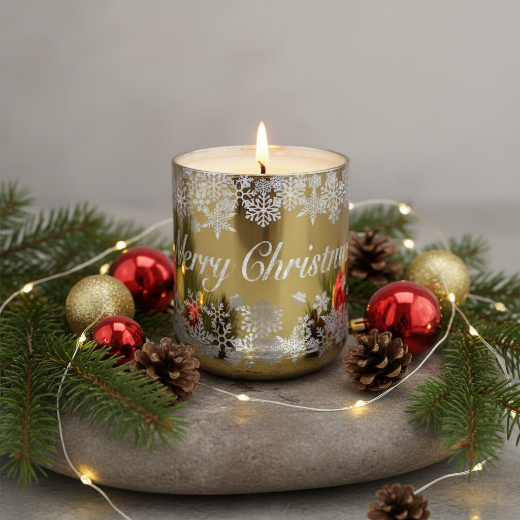 Candle in a Gold container with silver snowflakes and 'Merry Christmas' text on a white background