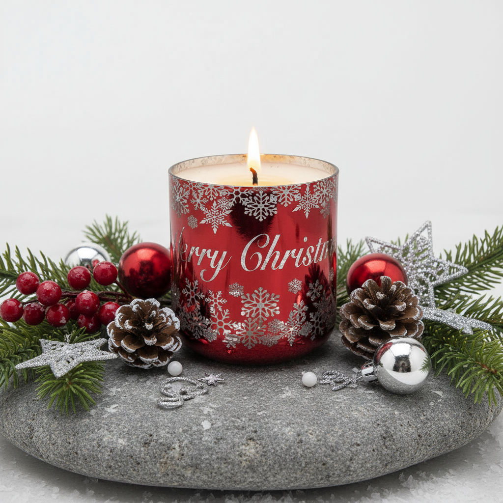 Red candle with 'Merry Christmas' text and snowflake patterns on a white background