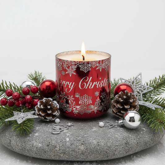 Red candle with 'Merry Christmas' text and snowflake patterns on a white background